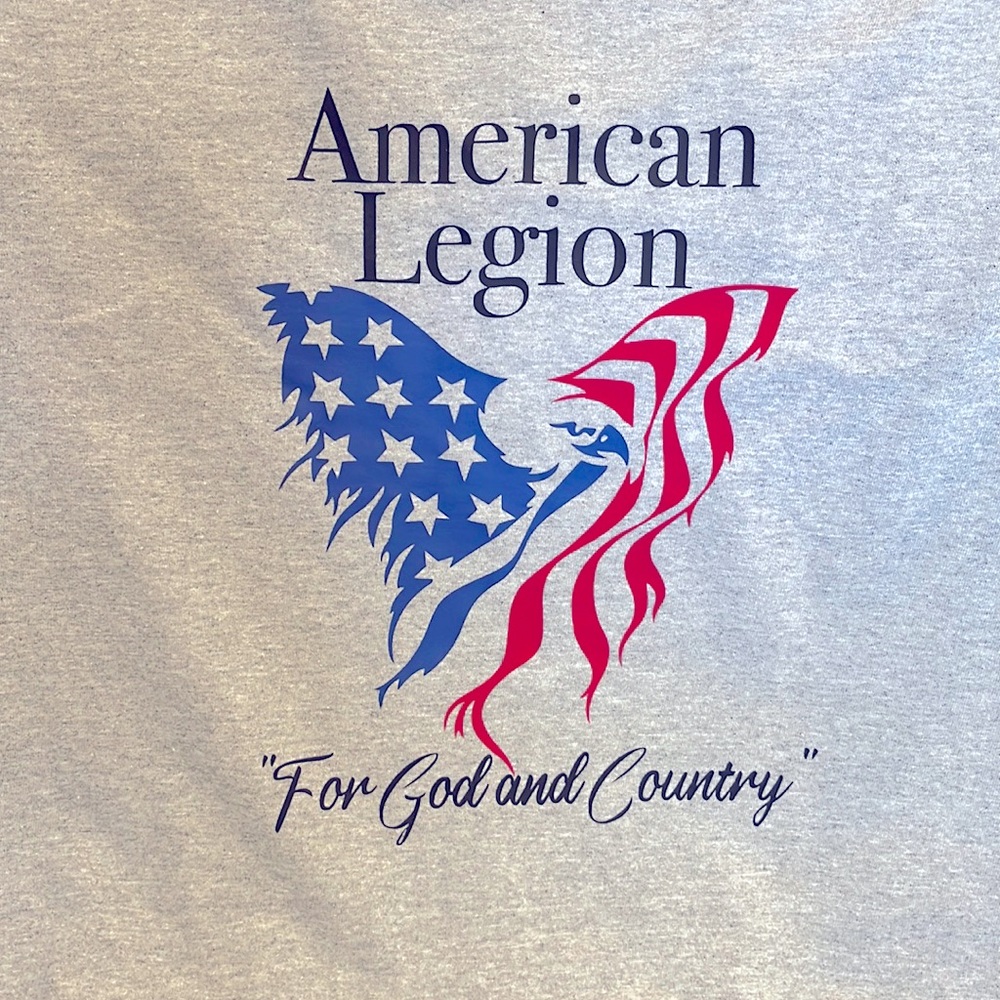 Plain front ladies V-neck T-shirt with American Legion design on back